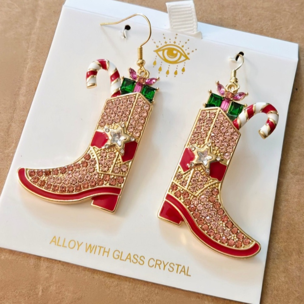 EYE CANDY Christmas Cowboy Cowgirl Stocking Boots Earrings Crystal Studs NEW NWT